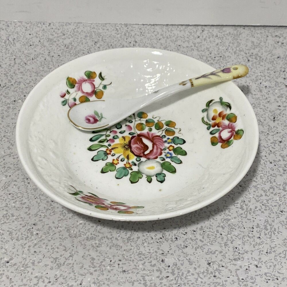Hand painted white ceramic sauce bowl & spoon mayo dip dish server cottage chic